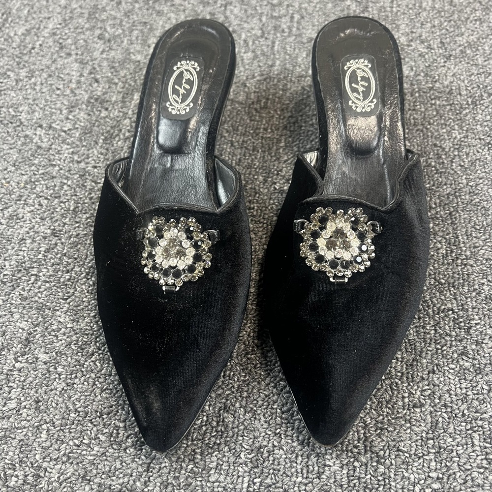 Selby Vintage Velvet Rhinestone Brooch Kitten Heel Mules 7.5 Black Glam Evening